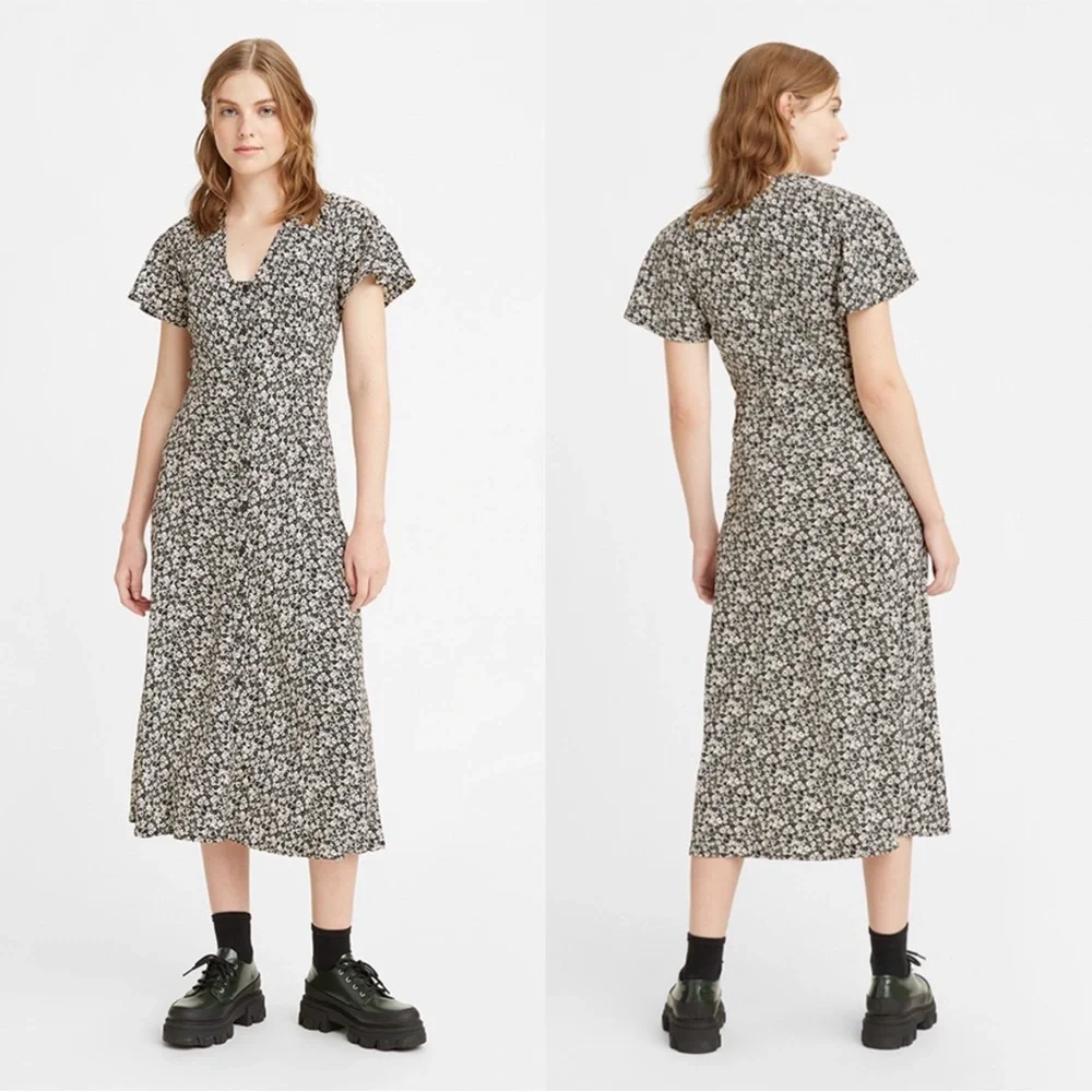 LEVI’S NWT Black White & Yellow Ditsy Floral Printed Button Down 90s Midi Dress - Picture 11 of 11